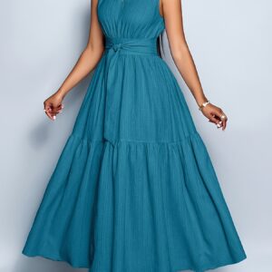 Stand-Up Collar Hollow Sleeveless Waist-Cinching Dress, Elegant And Women'S Summer Casual Dress