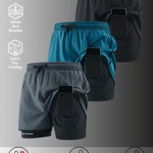 3-Pack Men's Quick-Dry Breathable Running Shorts, Two-in-One Lightweight Moisture-Wicking Loose Fit Athletic Cycling Shorts with Elastic Drawstring Waist and Side Pockets, Suitable for Training and Casual Wear | Multiple Combinations Available