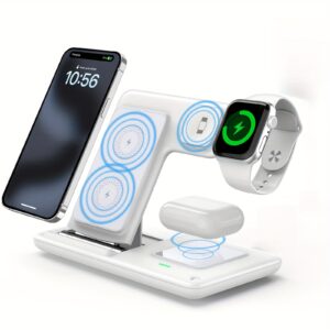 Foldable 3-In-1 Wireless Charging Station for Multiple Devices | Fast Charger Stand Dock for Iwatch Series 9 8 7 6 SE 5 4 3 2, Ultra Airpods Pro 3 2, for Iphone 17/16/15/14/13/12/11 - Magnetic Connector, USB Power, Brand: MINGMAI