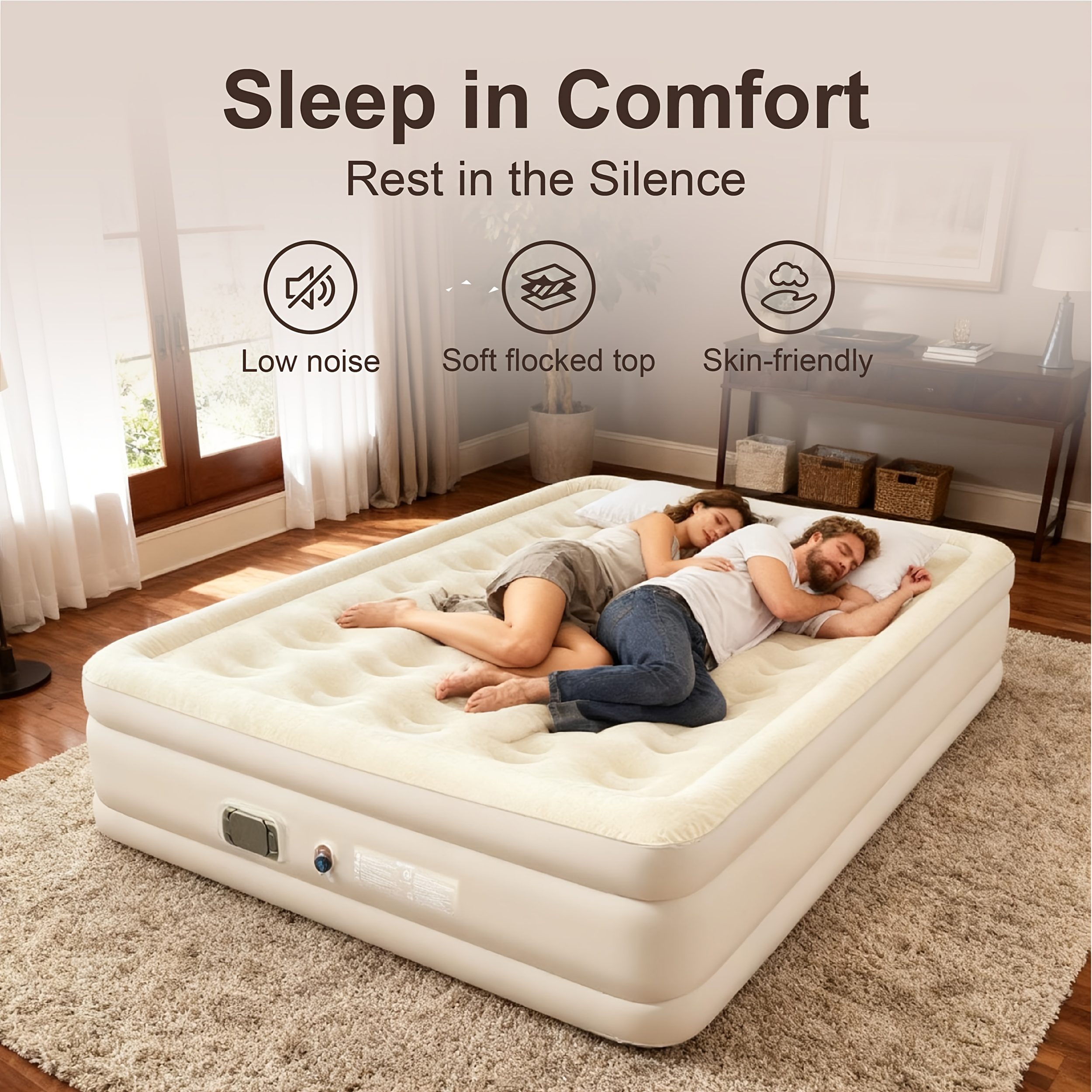 Double Outdoor Self-Inflating Air Mattress with Built-in Automatic Pump, 17-Inch Thickened, Comfortable Flannel Surface, Multi-Functional Inflation Valve, Suitable for RV, Camping, Beach, Indoor Bedroom Use, Includes Repair Kit and Storage Bag - Image 2