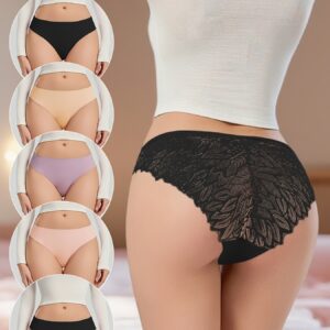 Set of 5 Sexy Lace-Trimmed Women'S Panties, Elegant, Stretchy, And Stylish for Comfortable Wear, Perfect for
