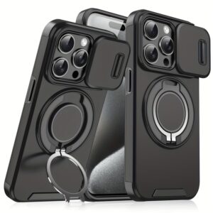 Phone Case: Case for Iphone17/16/15/14/13/12/11/Pro/Max Pro/Plus with Sliding Camera Cover+[Full Camera Protection]with 360° Rotating Ring Stand/Car Magnetic Holder/Frosted Texture Shockproof Phone Case