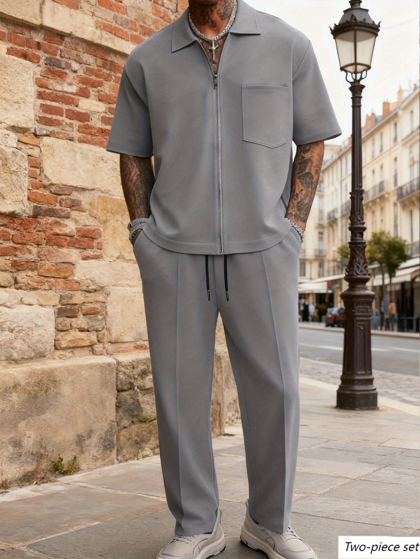 New Streetwear Trend Men's Set: Light Blue Loose Cardigan Short-Sleeve Zip-Up Top with Pockets, Casual Long Pants, Short-Sleeve and Long Pants Set - Image 9