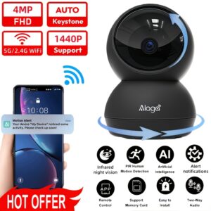 360° PTZ Indoor Security Camera with Dual-Band, 4MP Wireless Smart Camera, 5G/2.4G Wifi, Night Vision, Two-Way Audio, AI Motion Detection, Alarm Notifications, Great for Homes - an Excellent Gift for Christmas, Thanksgiving, And Halloween - Black