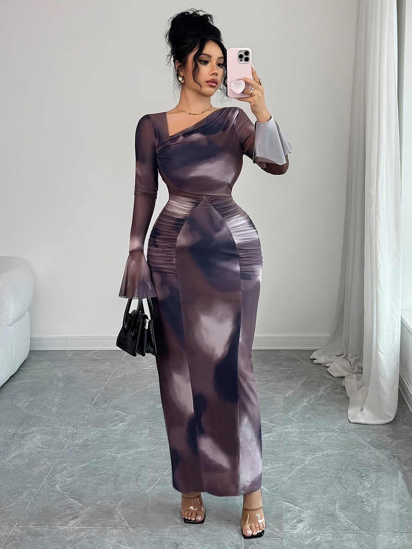 Elegant And Fashionable New Adult Women'S Autumn And Winter Floral Tie-Dye Print Notched Collar Long-Sleeved Flared Sleeve Slim Fit Waist Pleated Hip-Hugging Sexy Dating Commuting Vacation Dating Valentine'S Day Long Dress - Image 7