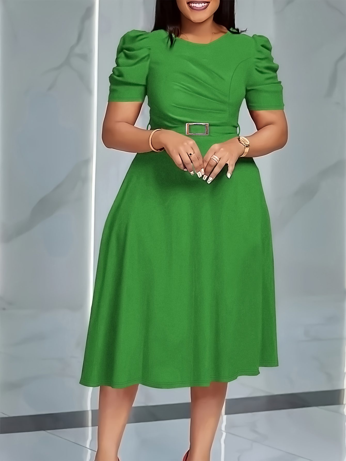 Elegant V-Neck Midi Dress with Ruffle Details | Solid Color Short Sleeve, Waist Belt, Flowing Skirt for Spring/Summer, Comfortable And Stylish Fit And Flare Silhouette - Image 9