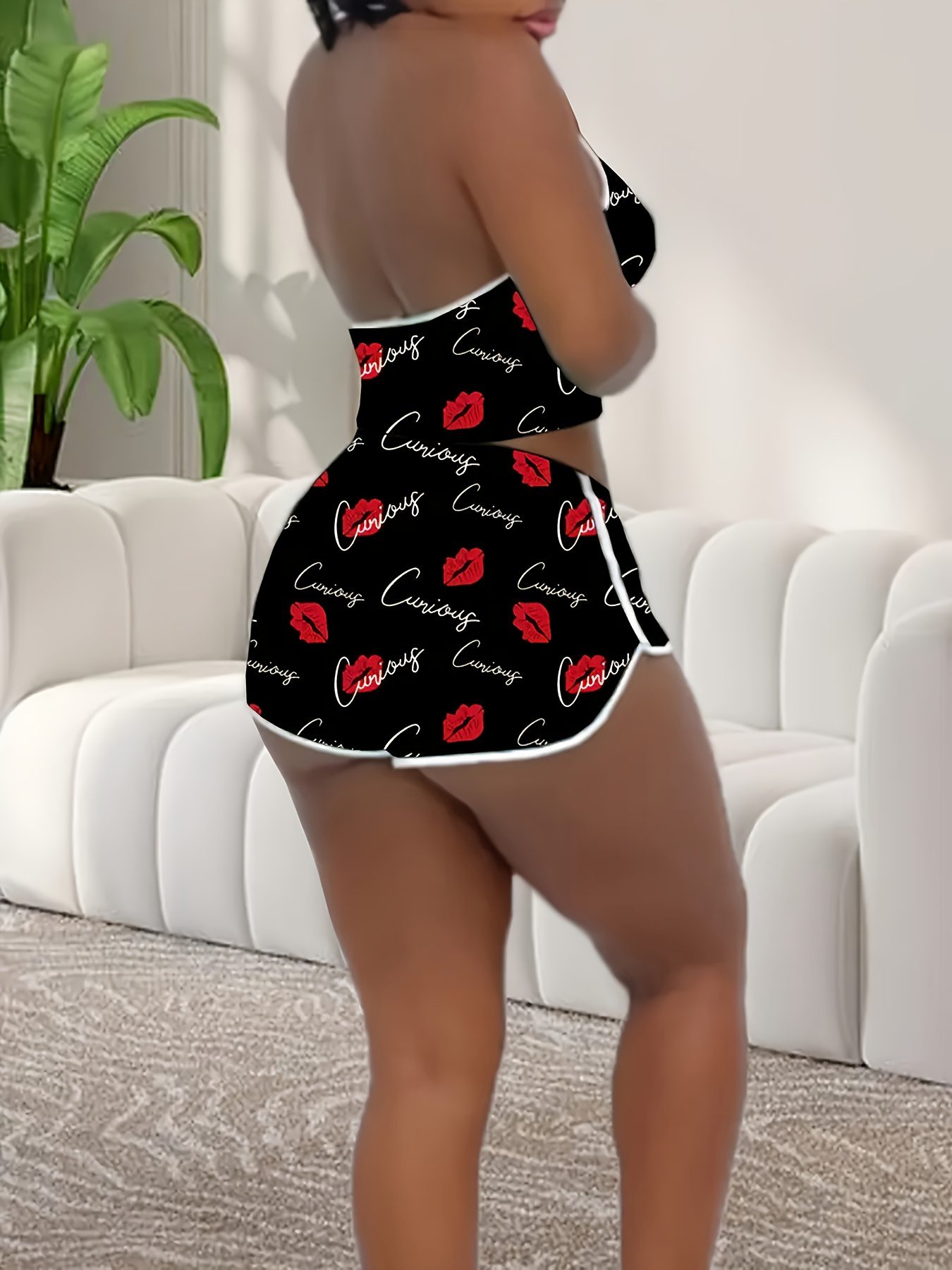 Designer Lip Print Cami Top and Shorts Pajama Set - Image 2