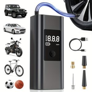Portable Cordless Tire Inflator, 150 PSI Air Compressor for Car Tires. Features Automatic Shut-off and Pressure Gauge. Ideal for Inflating Cars, Motorcycles, Bikes and Sports Balls. Compact Design for Emergency and Travel Use.