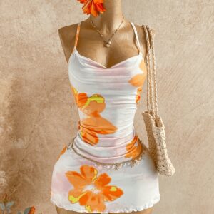 Holiday Casual Red Watercolor Floral Summer Vacation Draped Collar Suspender Dress Floral Suspender Skirt Floral Dress Summer Dress Spring Dress Orange Floral Dress