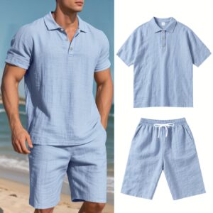 Men's Linen Short Sleeve Shorts Set, Summer Outdoor Sports Casual Breathable Short Sleeve Shirt with Shorts