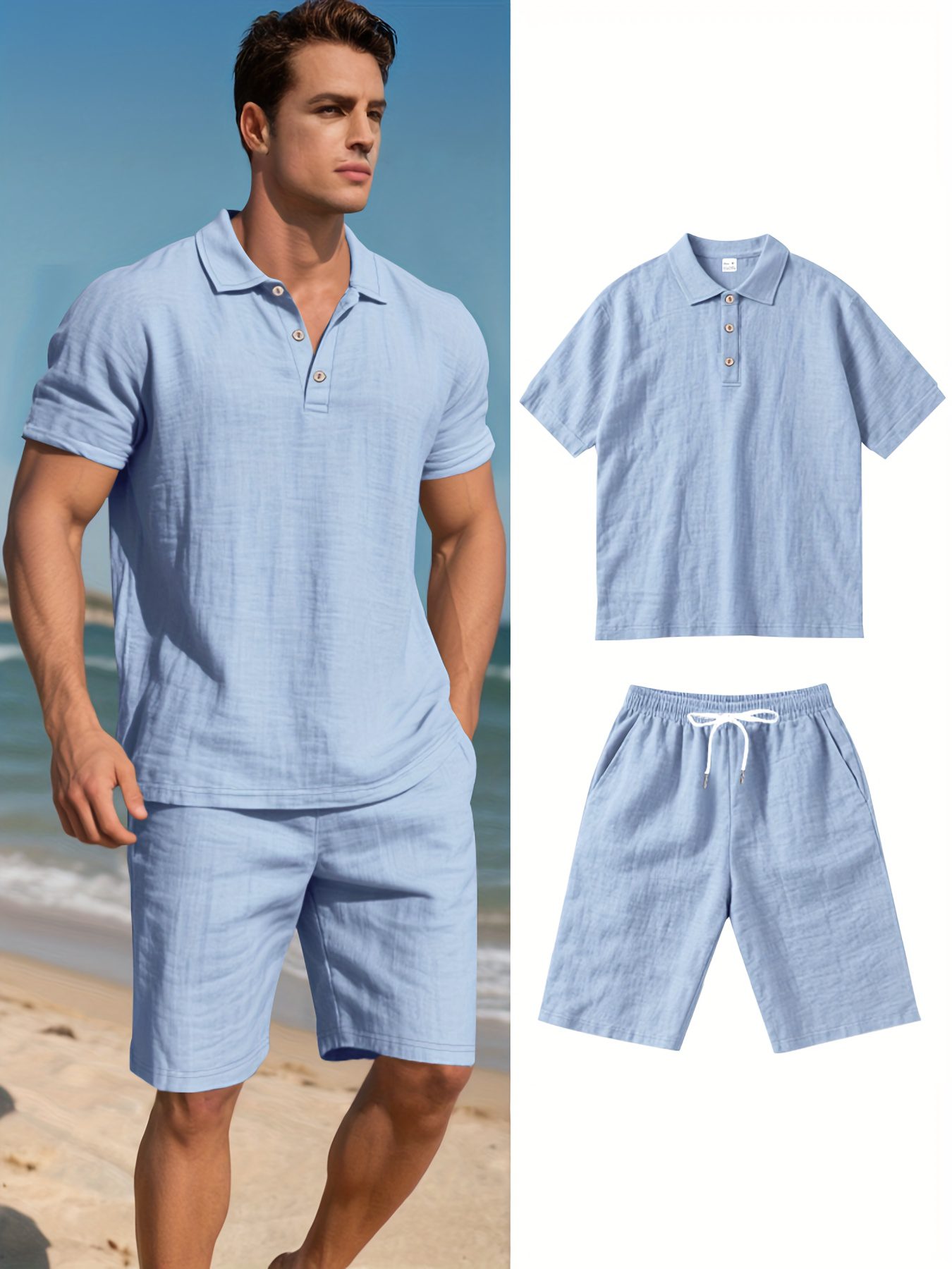 Men's Linen Short Sleeve Shorts Set, Summer Outdoor Sports Casual Breathable Short Sleeve Shirt with Shorts