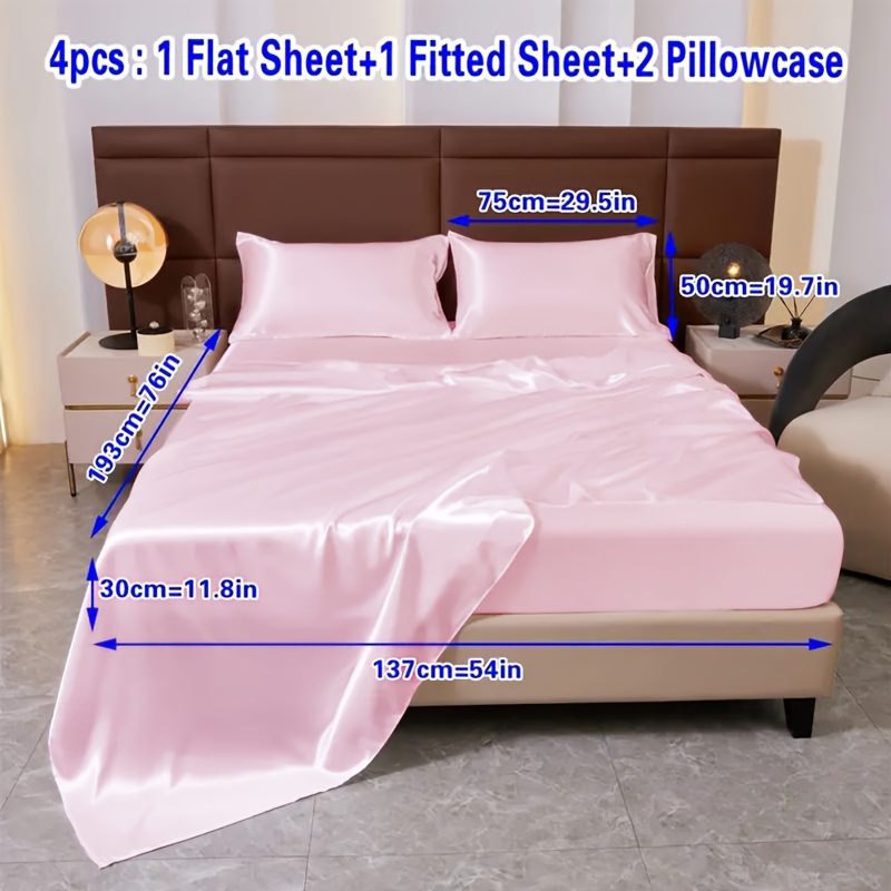 4pcs Comfort Satin Sheet Set - All-Season Versatile Non-Shrink, Ball-Free Machine Washable Luxury Fitted Sheets Soft and Smooth Bedding for Bedroom and Guest Room 1 * Flat Sheet + 1 * Fitted Sheet + 2 * Pillowcases - Image 15