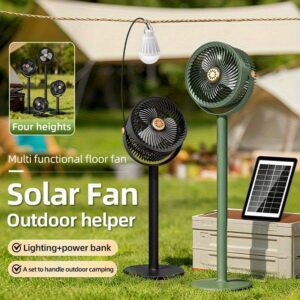 A Easy Outdoor Solar-Powered Floor Fan with a Circulating Function, Featuring Four Height Adjustment Modes, a Type-C Quick Charging Version, a Five-Speed Desktop Fan, a Retractable Electric Floor Fan, an Ultra-Long-Lasting Outdoor Cooling Device