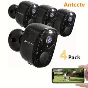 4 Pack black Security Cameras Wireless Outdoor/Indoor, 2MP Battery Powered 2.4Ghz WiFi Camera for Home Security with, SD/ Free Cloud Storage, AI Motion Detection, Color Night Vision, 2-Way Audio