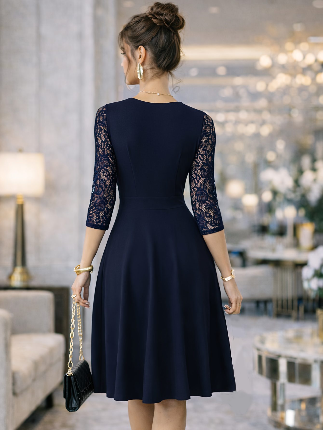 A-Line Dress with V Neck And Lace Sleeves for Women, Perfect for Weddings And Cocktail Parties - Image 7