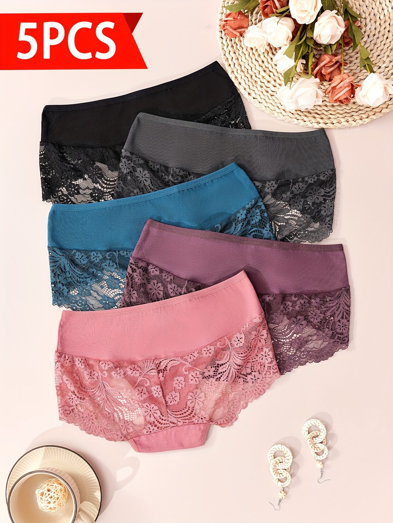 5pcs Women'S Elegant Lace Underwear - Semi-Sheer Breathable Mid-Rise Briefs with Contrast Lace Trim, High Elasticity Light Beige-Friendly Comfort, Assorted Colors (Navy, Pink, Black, Purple, White) for Casual Attire, Lace Panties, Comfortable Underwear, Semitransparent Design, Highelasticity Fabric, Daily Essentials, Stylish Panties, Soft Material, Seamless Panties, Stylish Women - Image 5
