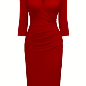 A Stylish And Elegant Summer Dress with a V-Neck, Three-Quarter Sleeves, And Side Pleats, Designed to Fit Snugly And Accentuate The Figure, Perfect for Work Or Party Occasions