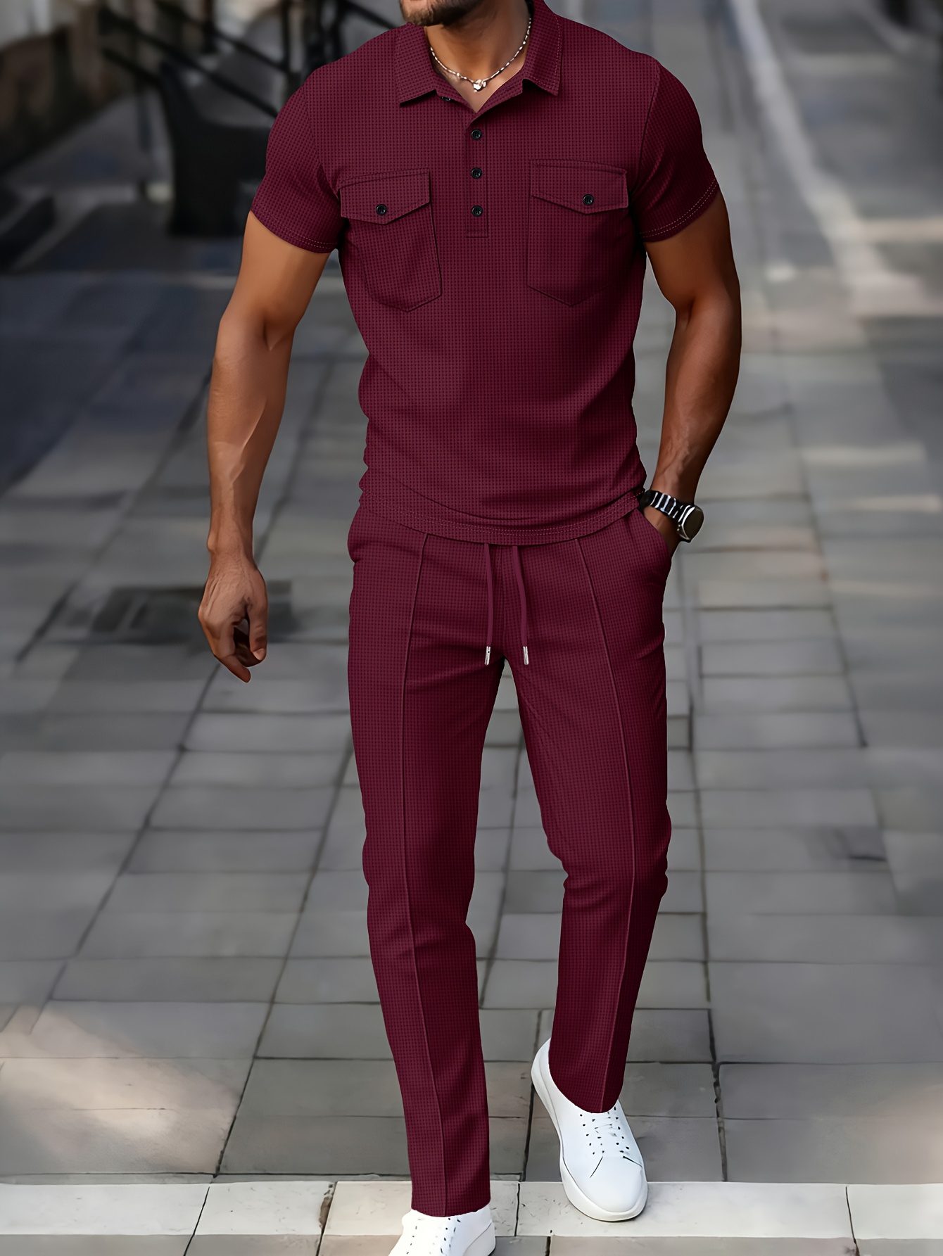 Men's 2pcs Set, Solid Color Minimalist Black Button-Up Short Sleeve Shirt with Two Pockets and Collar + Drawstring Waist Pants, Men's Spring/Summer Casual Vacation Daily Wear - Image 3