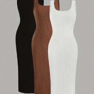 3pcs Women'S Ribbed Bodycon Dresses - Square Neck, Long Sleeve, Solid Color (Black, Brown, White) - Elegant & Versatile for Spring/Summer/Fall, Versatile Fashion | Ribbed Texture | Construction, Tight Fitted Dress