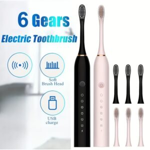 6-Speed Mode Smart Timer Electric Toothbrush, IP67 Waterproof, Rechargeable USB Portable Toothbrush for Adults, 4 Brush Heads/8 Brush Heads, Special Soft Toothbrush Father's Day Gift