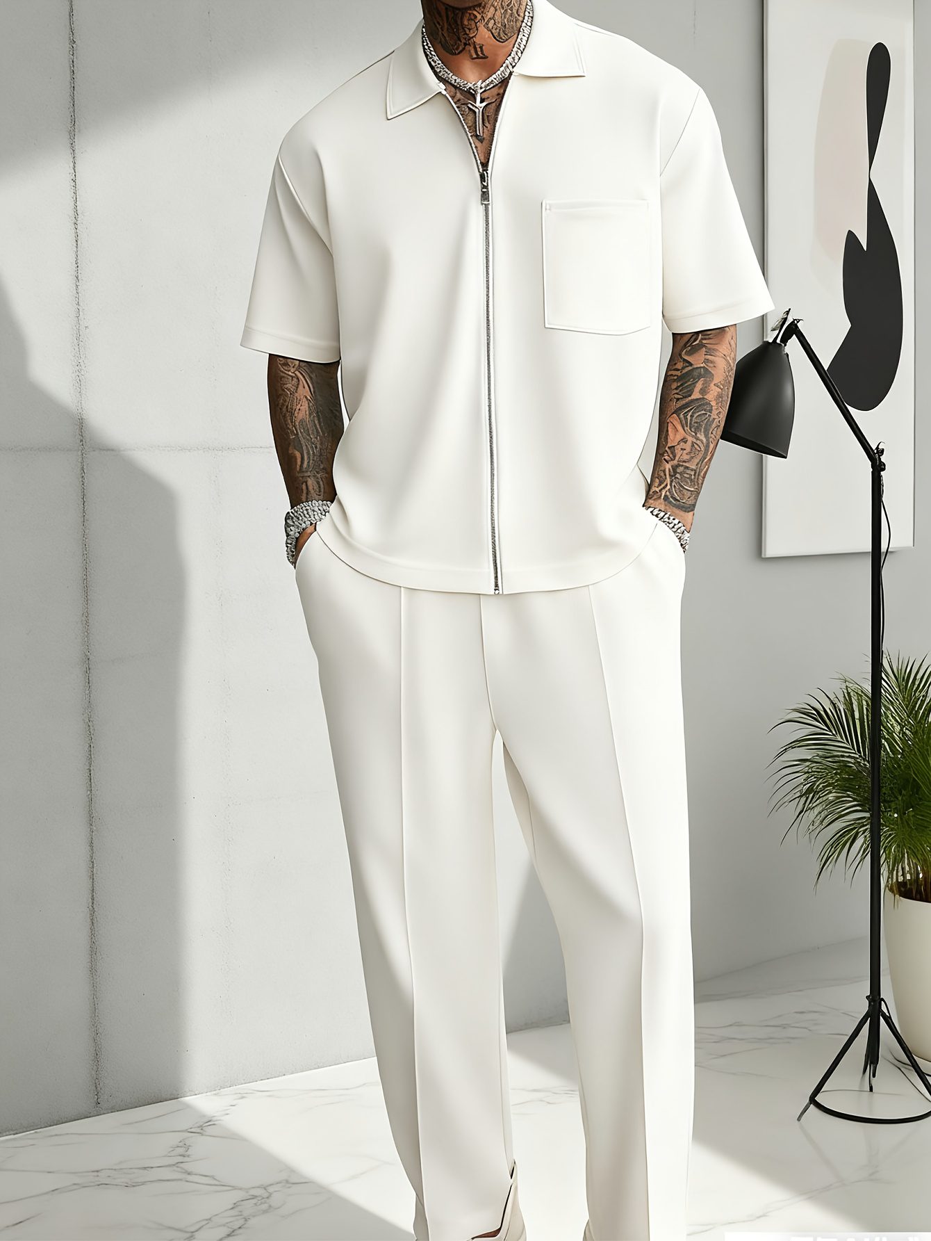 New Streetwear Trend Men's Set: Light Blue Loose Cardigan Short-Sleeve Zip-Up Top with Pockets, Casual Long Pants, Short-Sleeve and Long Pants Set - Image 8