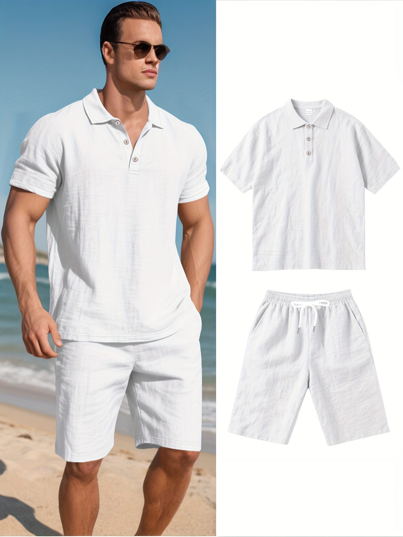 Men's Linen Short Sleeve Shorts Set, Summer Outdoor Sports Casual Breathable Short Sleeve Shirt with Shorts - Image 5