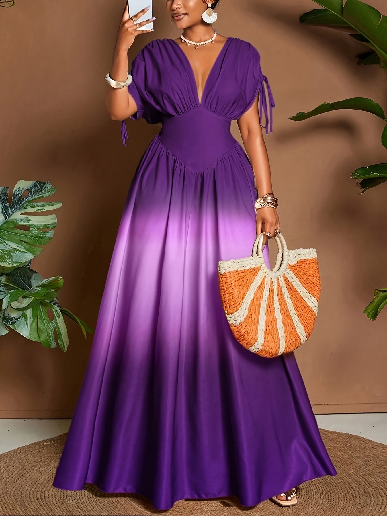 LL168 Women's Elegant Romantic Gradient Print Bow V-Neck A-Line Maxi Dress - Image 3