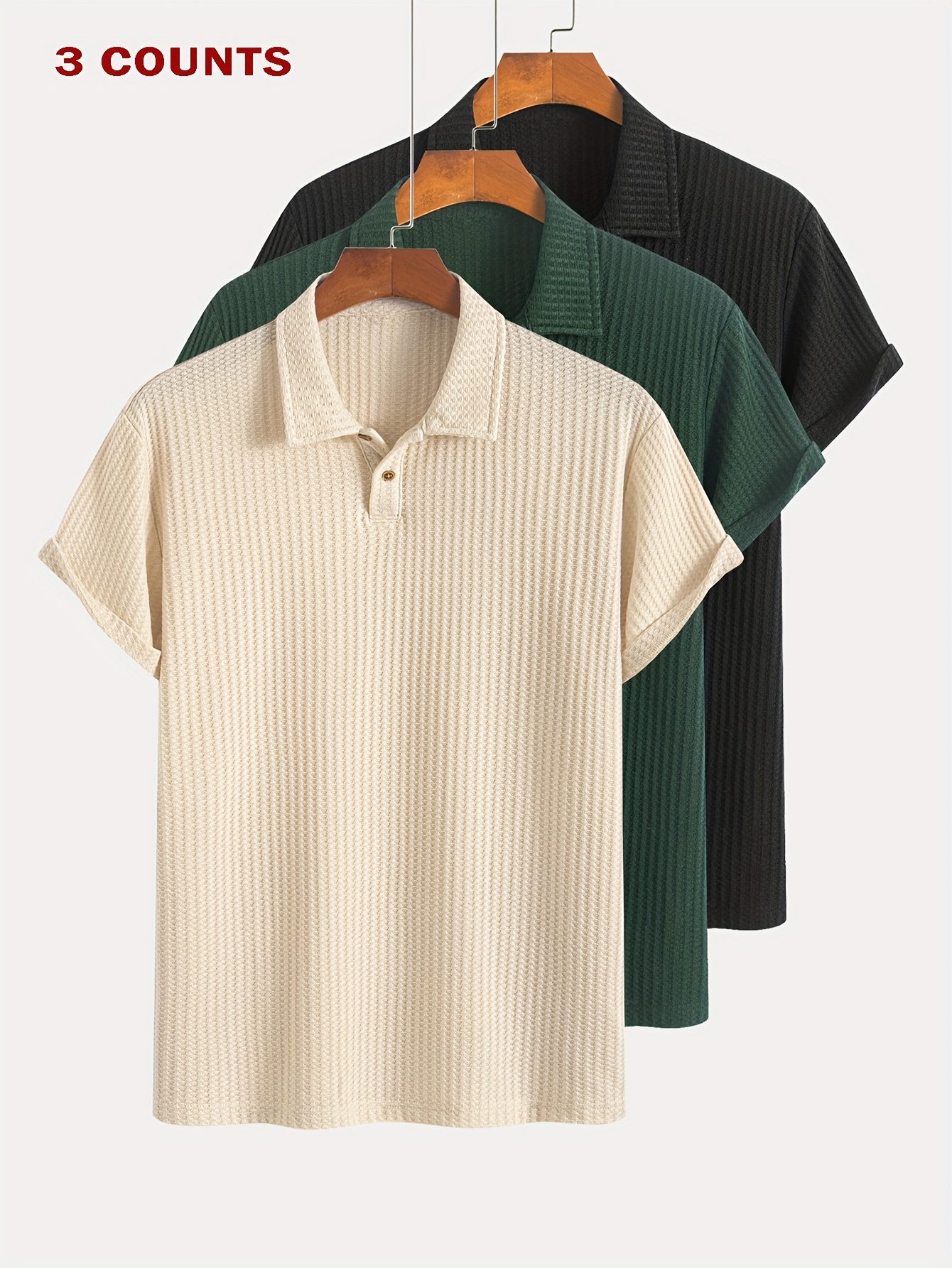 3pcs Set of Summer Casual Sporty Jacquard Knit Short-Sleeve Shirts, 3pcs Jacquard Texture Short-Sleeve Tops - Image 10