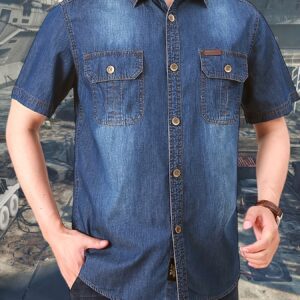 1pc of Retro Fashion Denim Short-Sleeved Shirt, Thin Style, Men'S Casual Multi-Pocket Workwear Denim Shirt. High-Quality Material, Soft And Comfortable, Wear-Resistant, Durable, And Wrinkle-Resistant. Two Chest Pockets Design