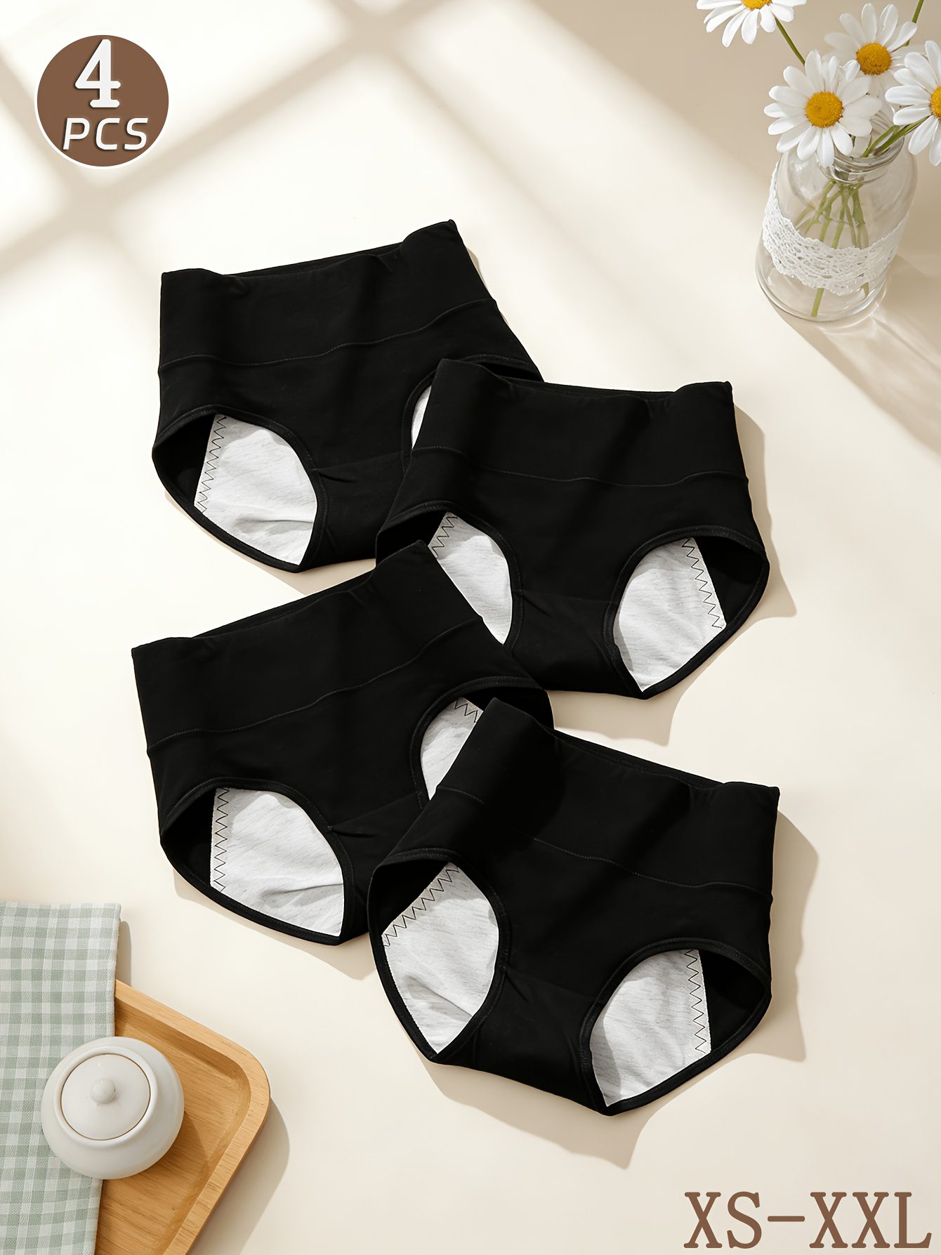 4-Pack Black High-Waist Women's Period Panties, Tummy Control, Butt Lifting, Anti-Leakage, No Crotch Riding or Waist Tightness, Suitable for Home and Commuting During Menstruation - Image 8