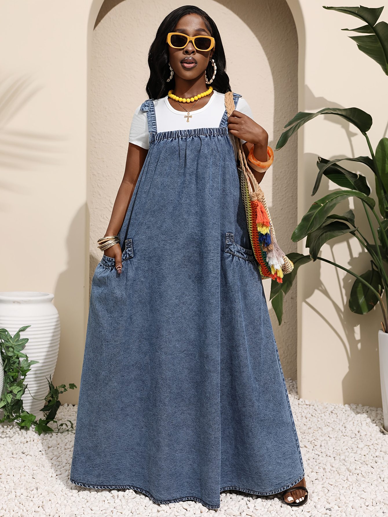 Women's Sleeveless Casual Suspender Long Denim Dress - Image 5