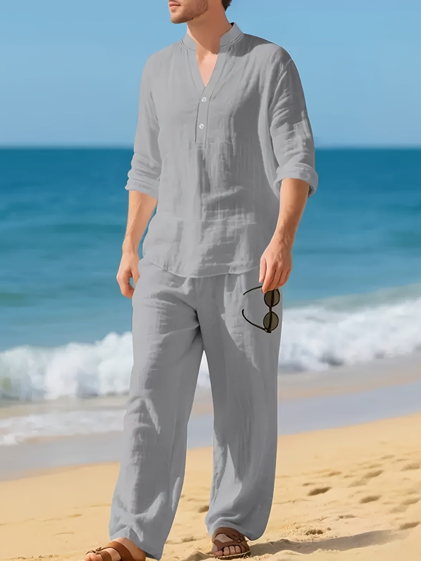 Cross-Border New Men'S Linen Casual Loose Long-Sleeved V-Neck Breathable Long Pants Set for Spring, Summer, Autumn, And Winter - Image 4