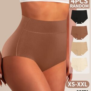 4 Random Women'S High-Waisted Underwear, Seamless One-Piece Tummy Tucking And Hip Lifting Comfortable Breathable Nude Triangle Briefs, Minimalist Style, Myriad Color Scheme, Elastic Material Suitable for Daily Leisure Sports Fitness Yoga Wear