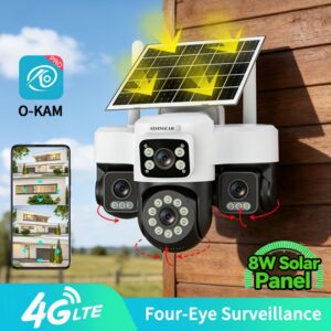 4 Lens 4 Screens AOV 4G Camera, Supporting 7*24H Recording 4G Outdoor Solar-Powered Security Camera with Triple Lens And Three-View, CCTV Video Surveillance, PTZ 360° Pan/Tilt Rotation, Motion Tracking, PIR Human Detection, Two-Way Audio, Full-Color