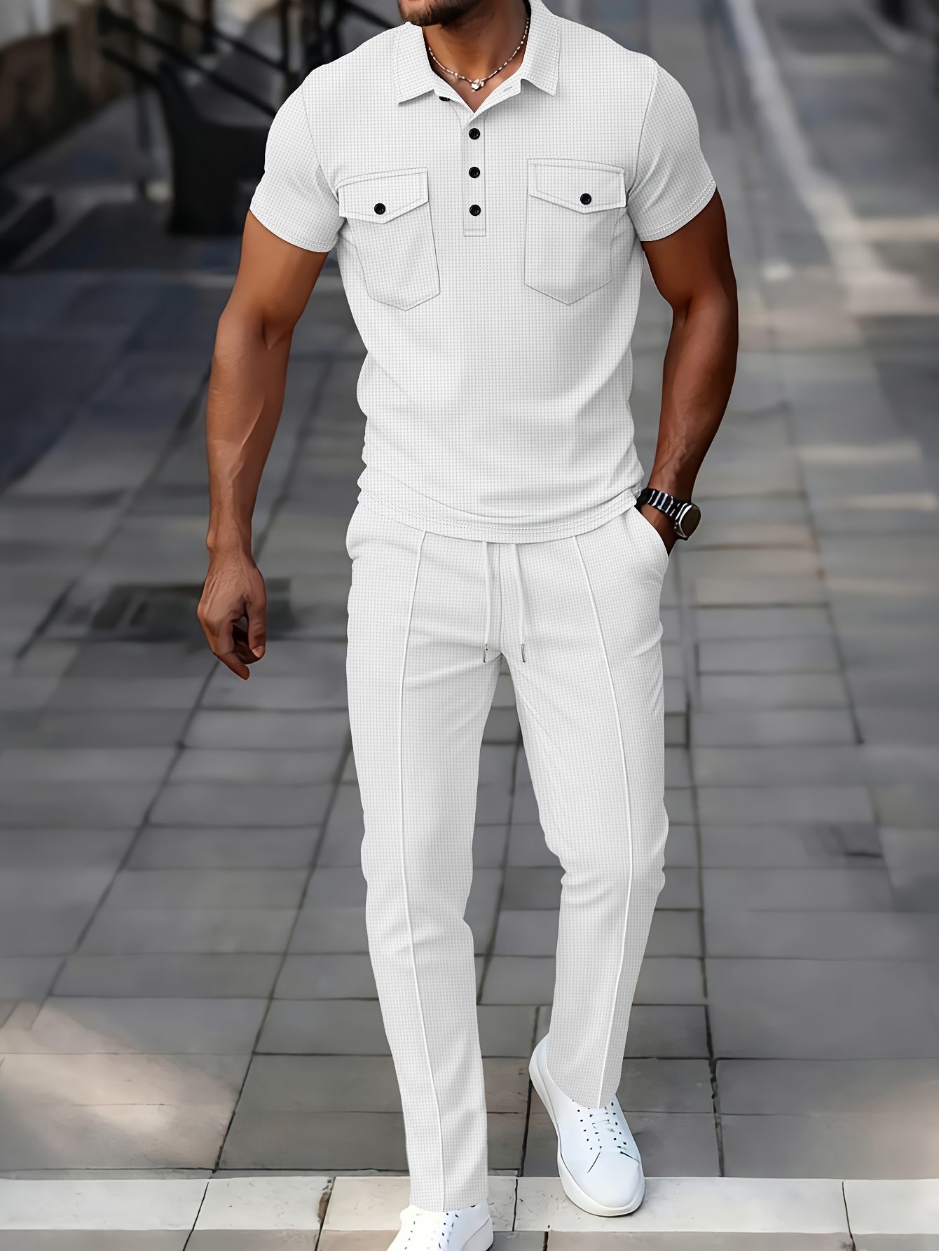 Men's 2pcs Set, Solid Color Minimalist Black Button-Up Short Sleeve Shirt with Two Pockets and Collar + Drawstring Waist Pants, Men's Spring/Summer Casual Vacation Daily Wear - Image 6