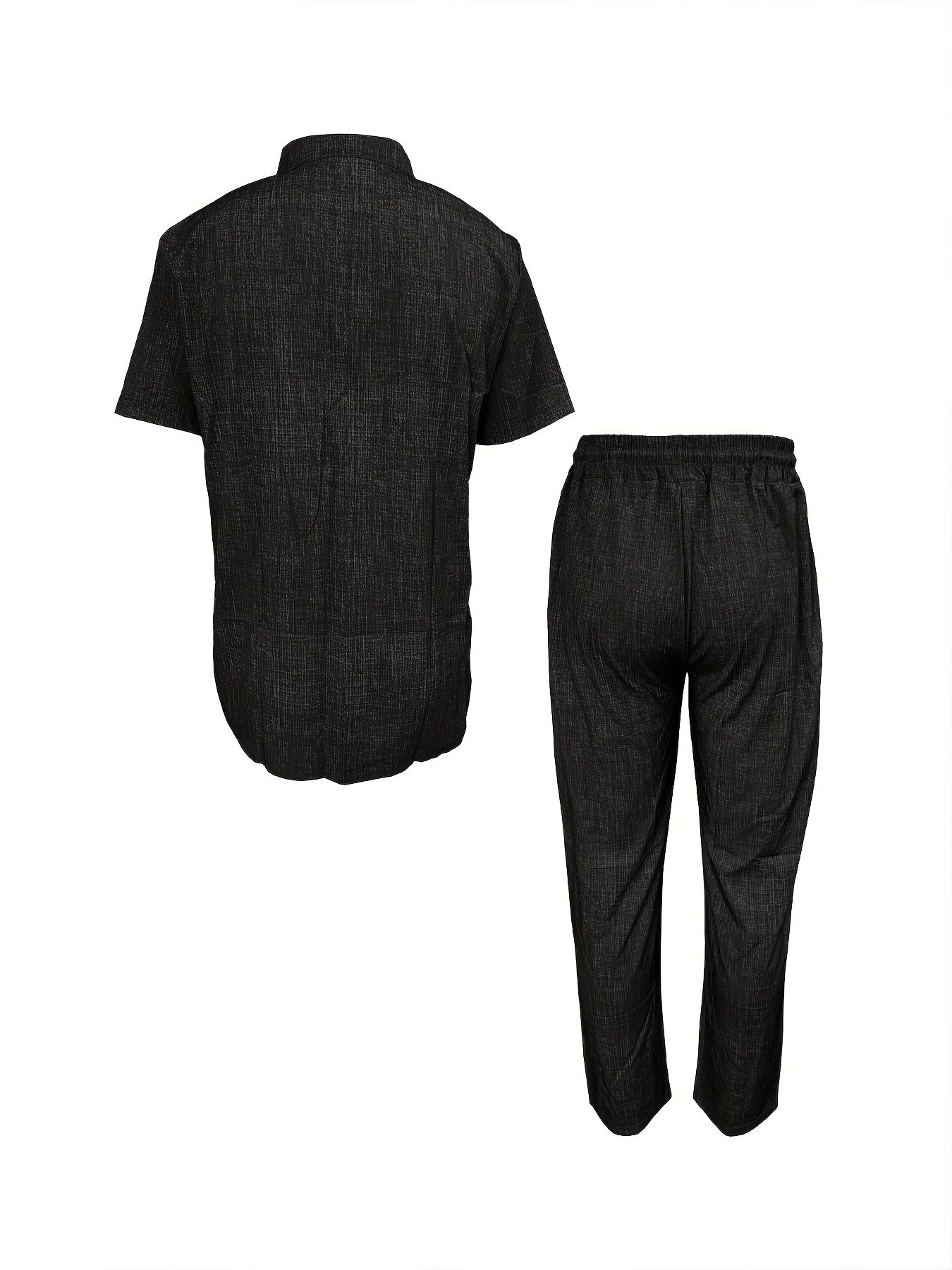 European and American new Men's fashionable and comfortable short-sleeved stand-up collar shirt set striped texture fabric stand-up collar short sleeve shirt and casual trouser set - Image 8