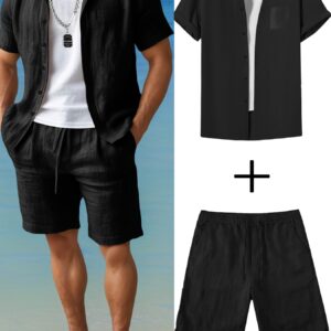 Men'S Casual Suit Summer New Solid Color Lapel Single Pocket Short-Sleeved Shirt And Outdoor Sports Training Shorts Two-Piece Suit Beach Casual Quick-Drying Breathable Shirt Short Sleeve And Shorts Linen Suit