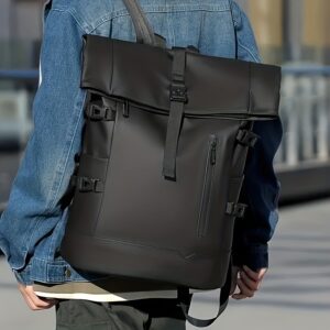 2026 New Men's Backpack, Minimalist Solid Color Travel Bag, Large Capacity PU Laptop Backpack - Ergonomic Shoulder Straps and Zipper Closure Business Commuter Bag, Multi-Compartment Foldable Office Outdoor Backpack | Modern Style Laptop Storage Bag