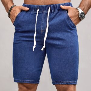 Men's Drawstring Waist Pockets Denim Shorts Jorts Plain Navy Blue Vacation Vintage Friends Going Out Hang Out Commute National Park Street