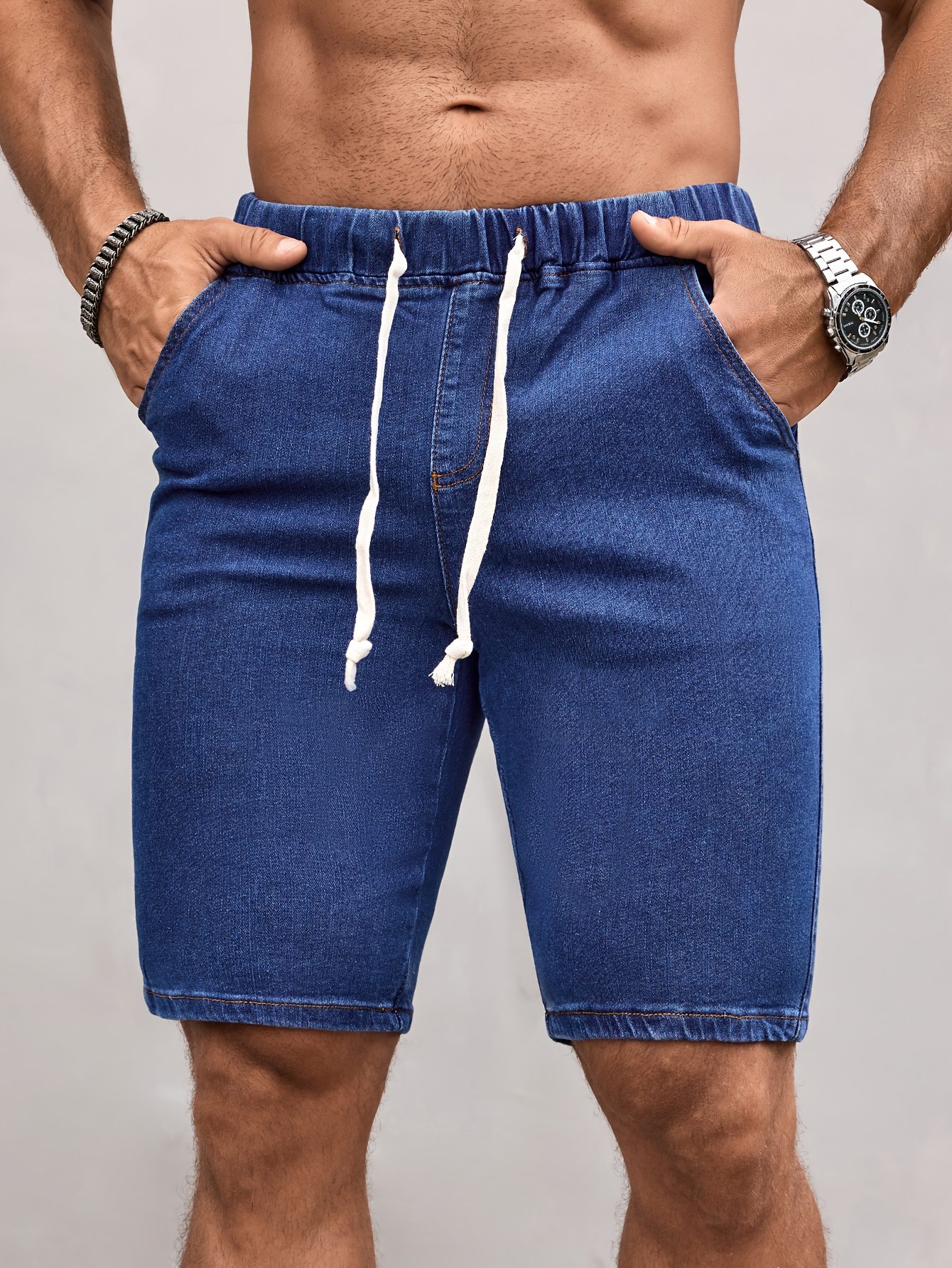 Men's Drawstring Waist Pockets Denim Shorts Jorts Plain Navy Blue Vacation Vintage Friends Going Out Hang Out Commute National Park Street