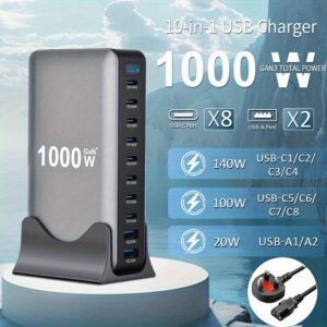 1000W Gan 4 10 Ports USB C Fast Charging Station Hub Block Portable Wall PD Charger Power Adapter with 8 USB-C + 2 USB-A, 140W Port for Macbook Pro/Air, for Iphone 15 14 13 12 11, for ETC