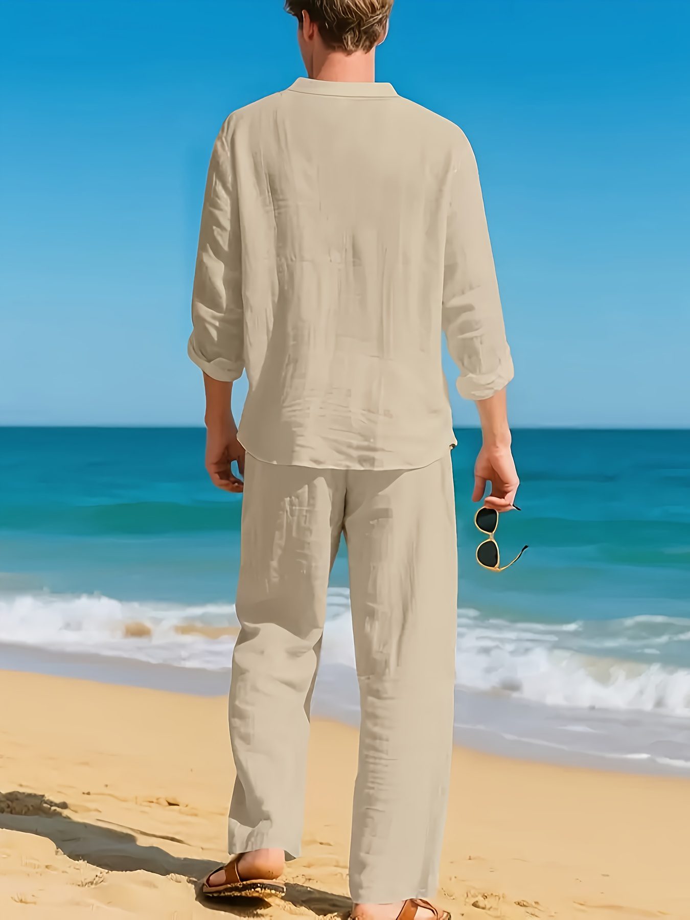 Cross-Border New Men'S Linen Casual Loose Long-Sleeved V-Neck Breathable Long Pants Set for Spring, Summer, Autumn, And Winter - Image 7