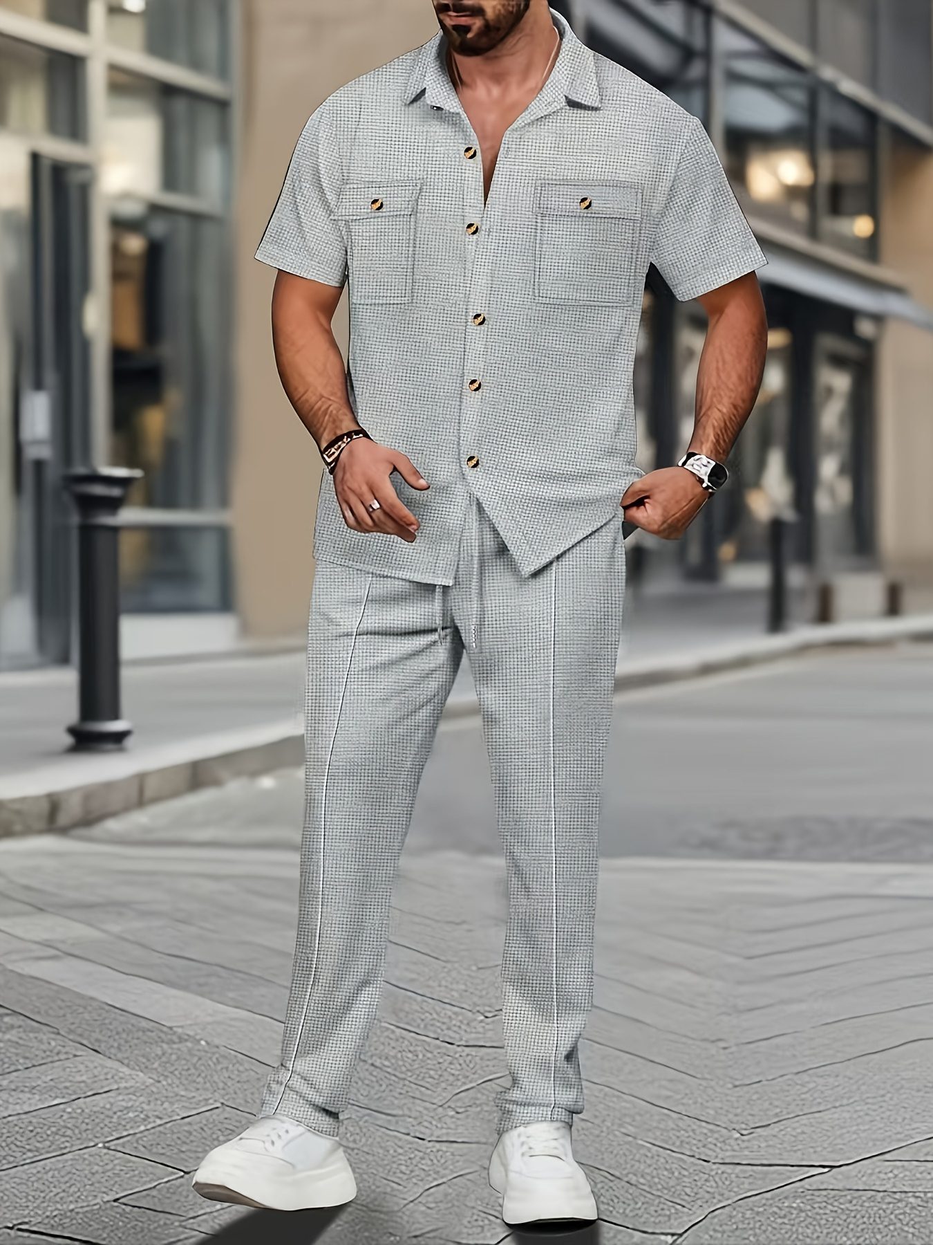 Men'S Casual Short Sleeve Shirt And Long Pants 2pcs Set Commuter Outfit, Textured Buttons And Pockets, Versatile Style - Image 5