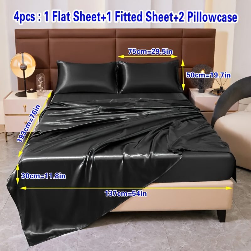 4pcs Comfort Satin Sheet Set - All-Season Versatile Non-Shrink, Ball-Free Machine Washable Luxury Fitted Sheets Soft and Smooth Bedding for Bedroom and Guest Room 1 * Flat Sheet + 1 * Fitted Sheet + 2 * Pillowcases - Image 19