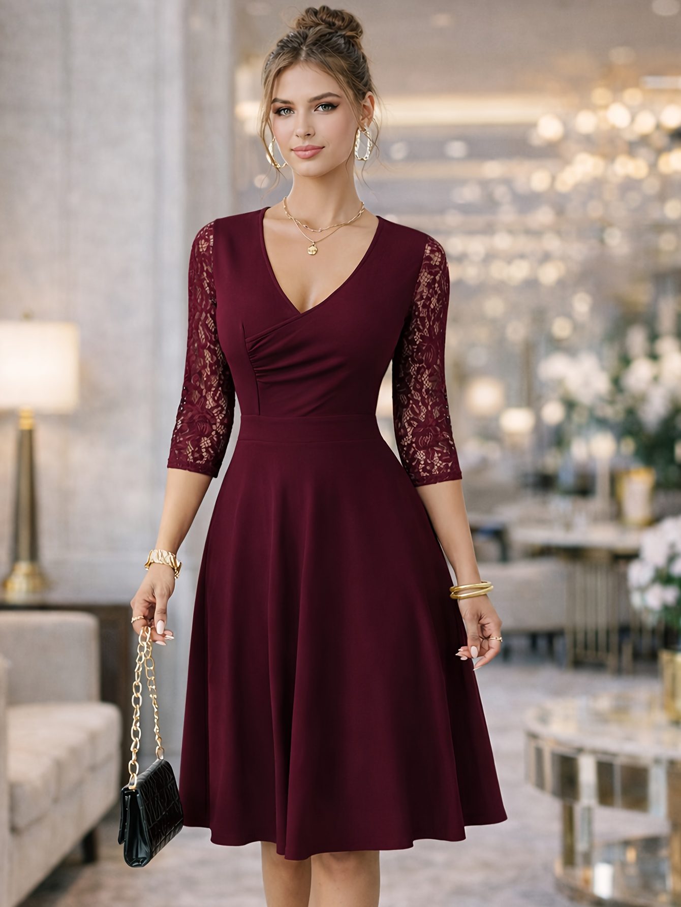 A-Line Dress with V Neck And Lace Sleeves for Women, Perfect for Weddings And Cocktail Parties - Image 3