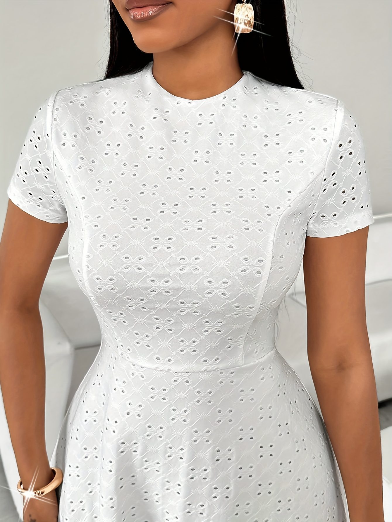 Hollowed-Out Round Neck Short-Sleeve Dress - Image 5
