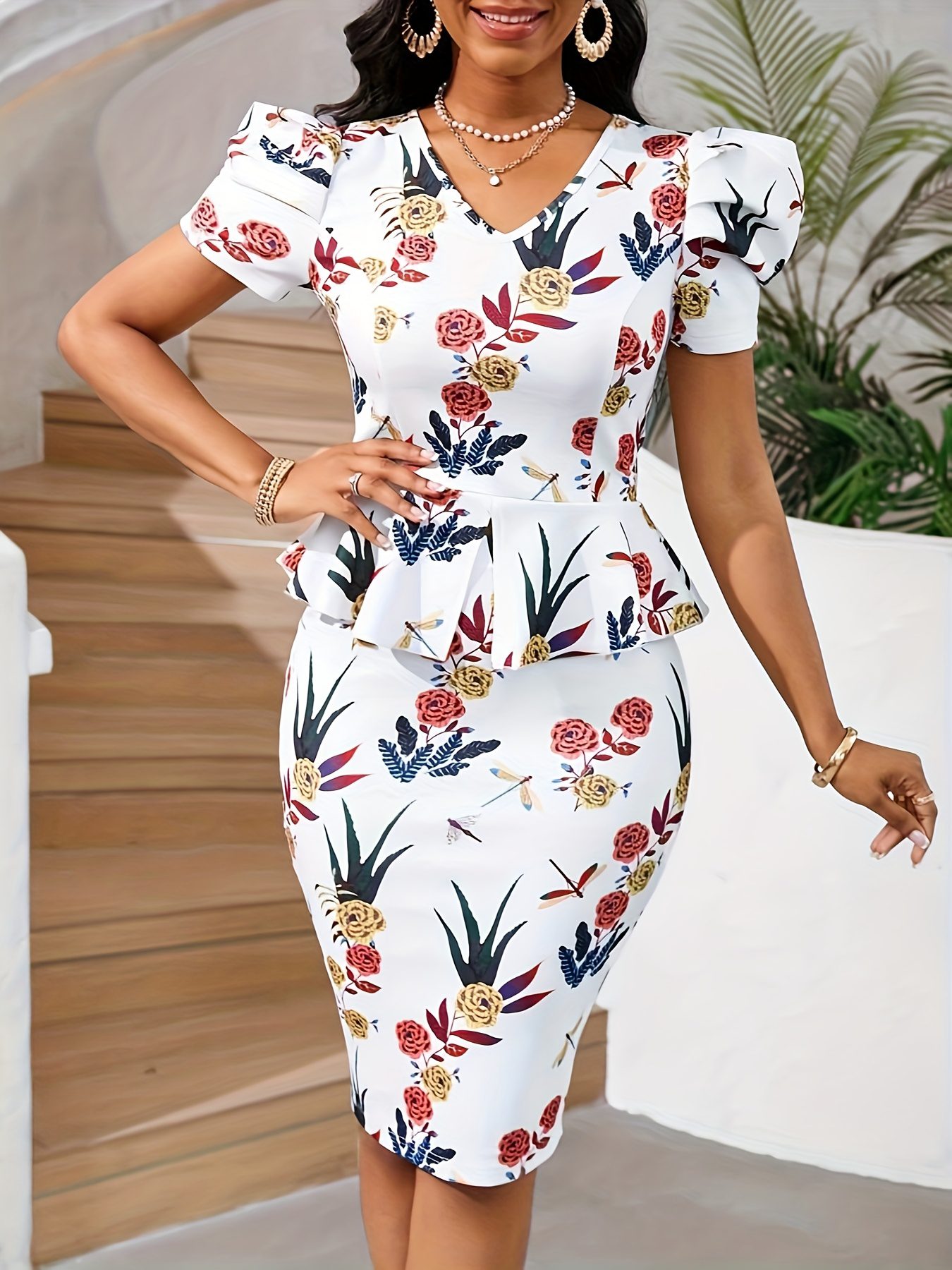 Cat Ear Directional Summer Elegant Style for Holiday Gatherings, Featuring Floral Print, V-Neck Puff Sleeve Pleated Top, And a Fitted Midi Skirt - Image 4