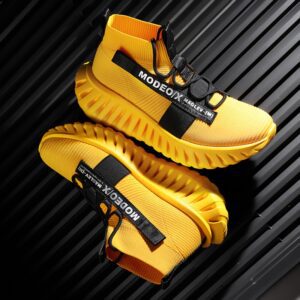 New Spring And Summer Men'S Yellow High-Top Sock-Style Running Shoes with Breathable Mesh And Thick Serrated Soles, Perfect for Casual Street Style