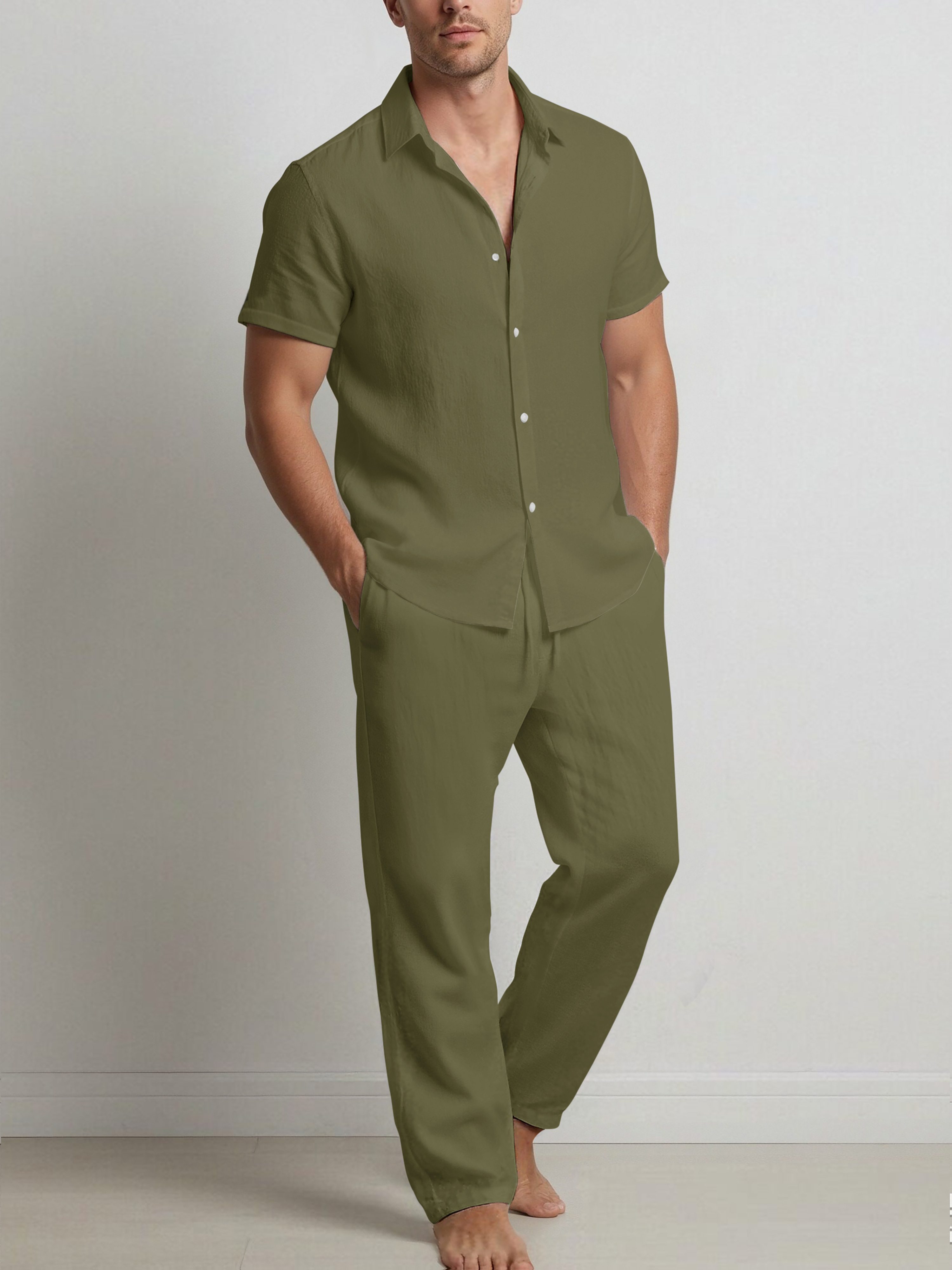 Men's Fashionable Solid Color Cotton- Shirt and Trousers Set, Casual Breathable 2pcs Outfit for Men - Image 3