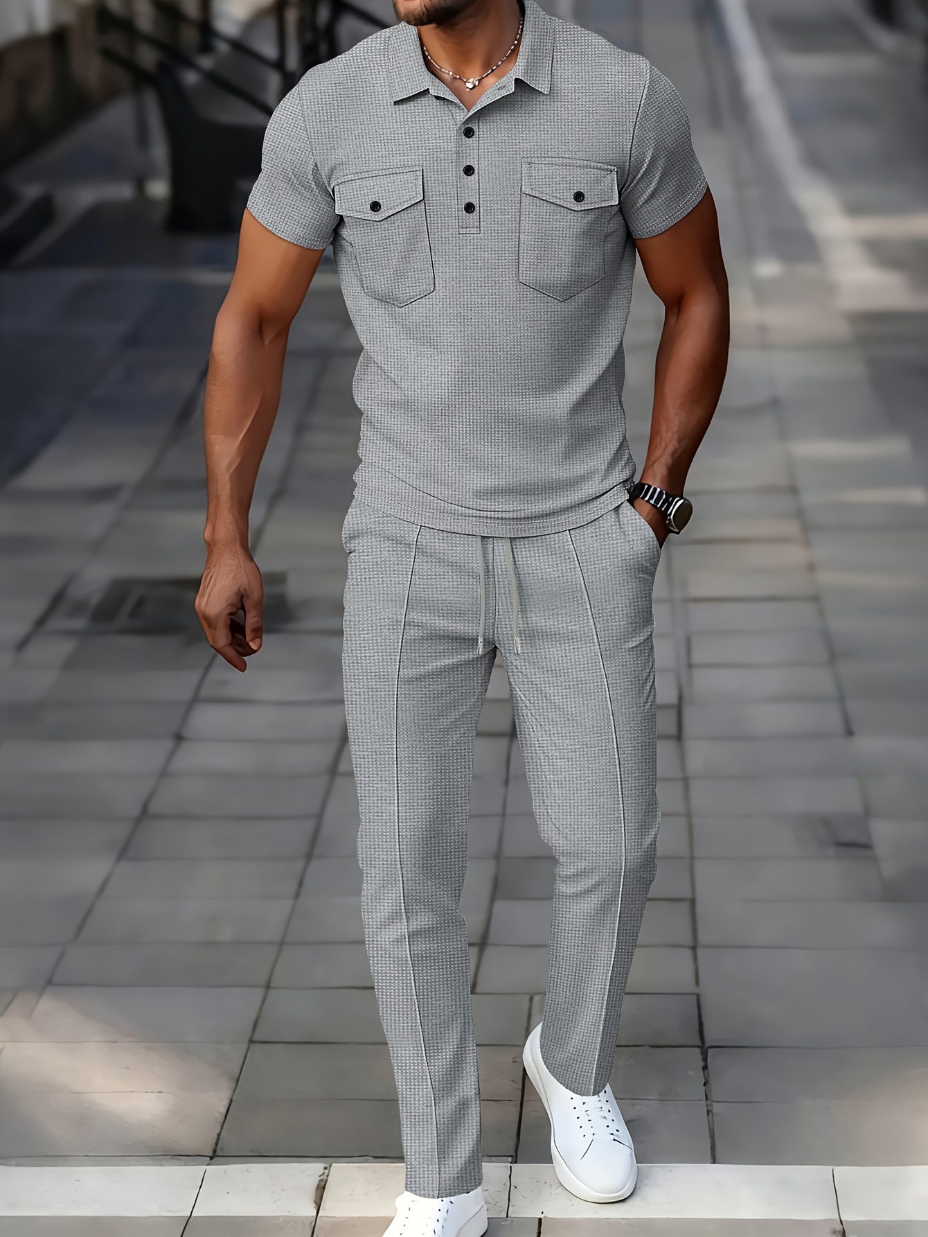 Men's 2pcs Set, Solid Color Minimalist Black Button-Up Short Sleeve Shirt with Two Pockets and Collar + Drawstring Waist Pants, Men's Spring/Summer Casual Vacation Daily Wear